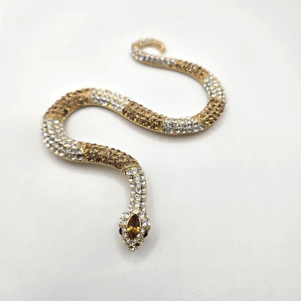 Gold Tone Rhinestone Snake Pendant Slide Omega Necklace Gemstone Eyes
